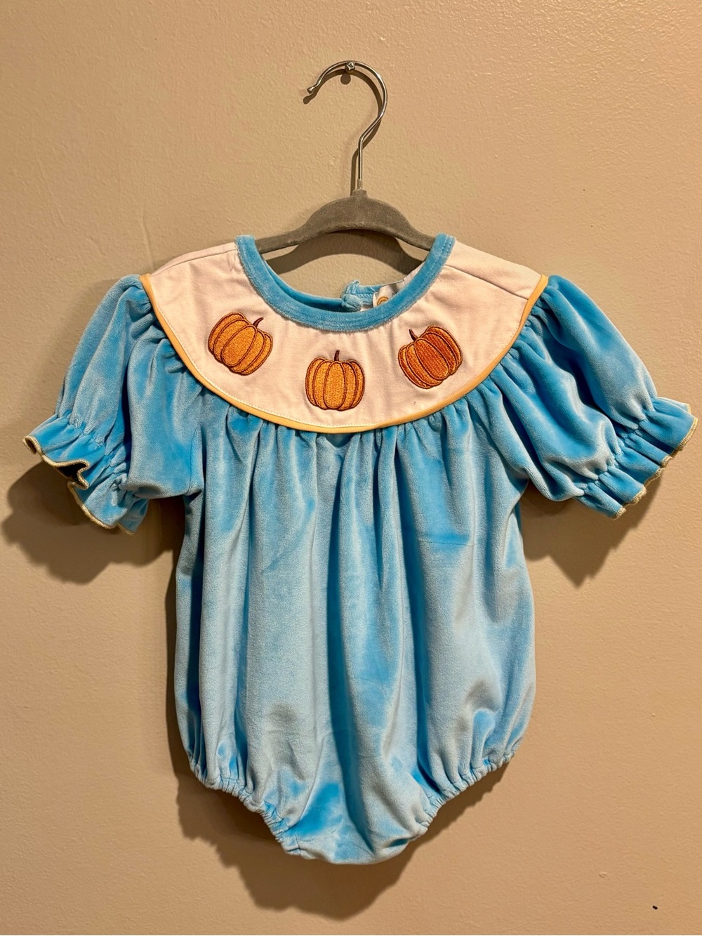 Abby & Evie Blue Velvet Embroidered Pumpkin Bubble Romper - 24M